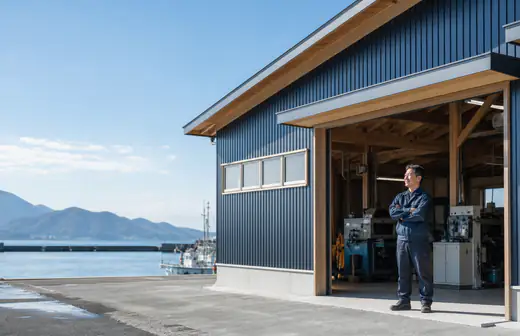 被災から再建された小さな工場の外観