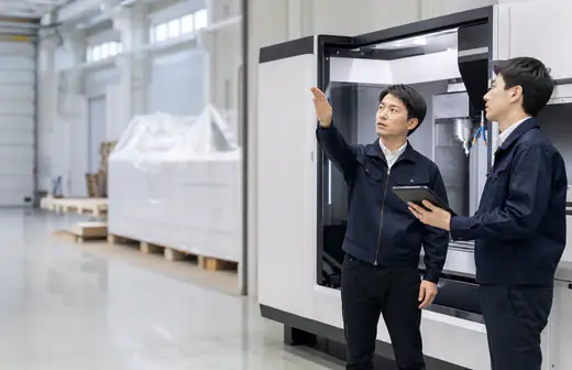 工場に搬入された新しいマシニングセンタを確認する技術者