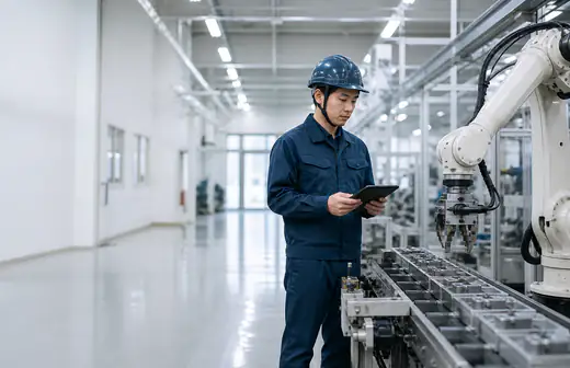 工場のラインで稼働する産業用ロボットアームと作業者