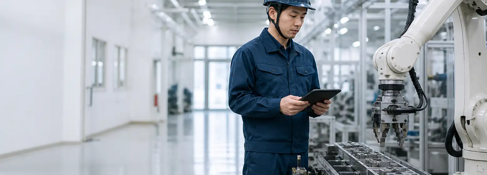 工場のラインで稼働する産業用ロボットアームと、タブレットで確認する作業者